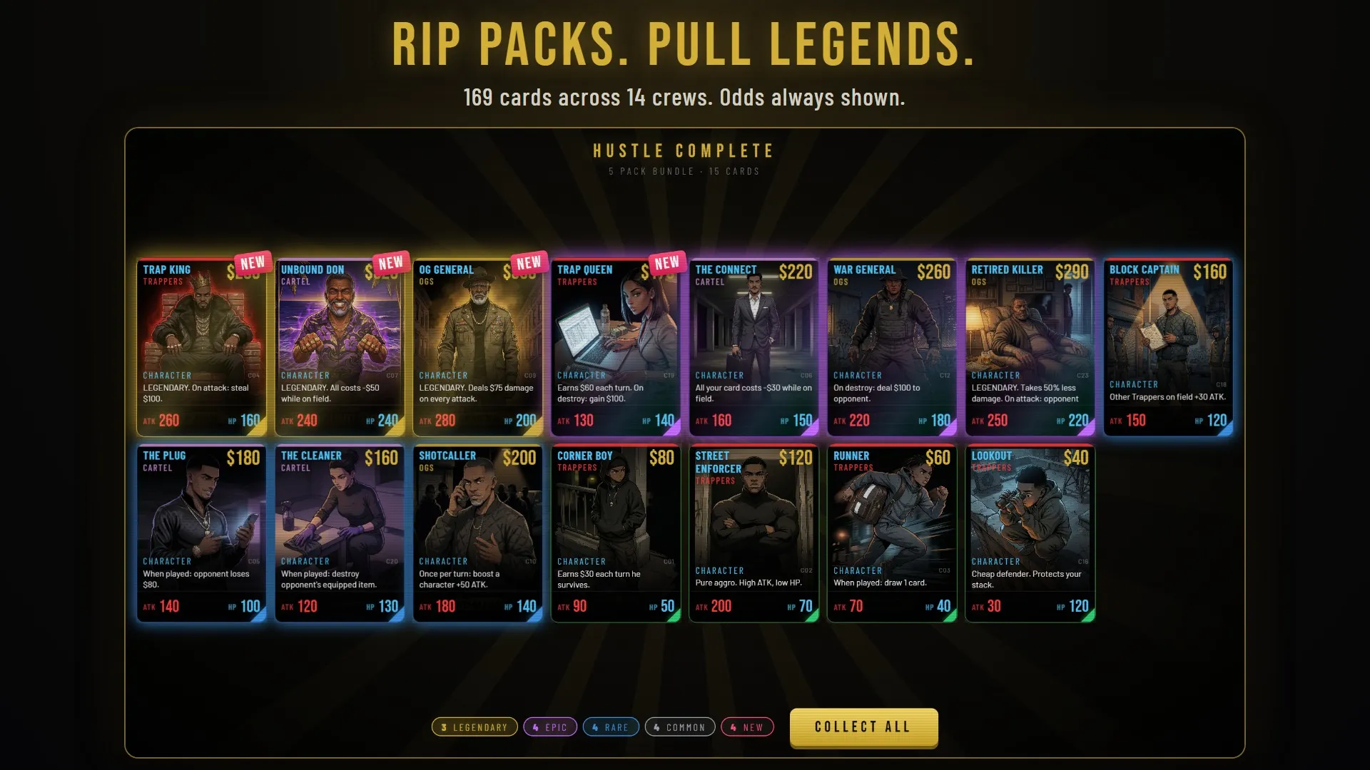 A five-pack bundle opened, showing legendary, epic, rare and common cards.