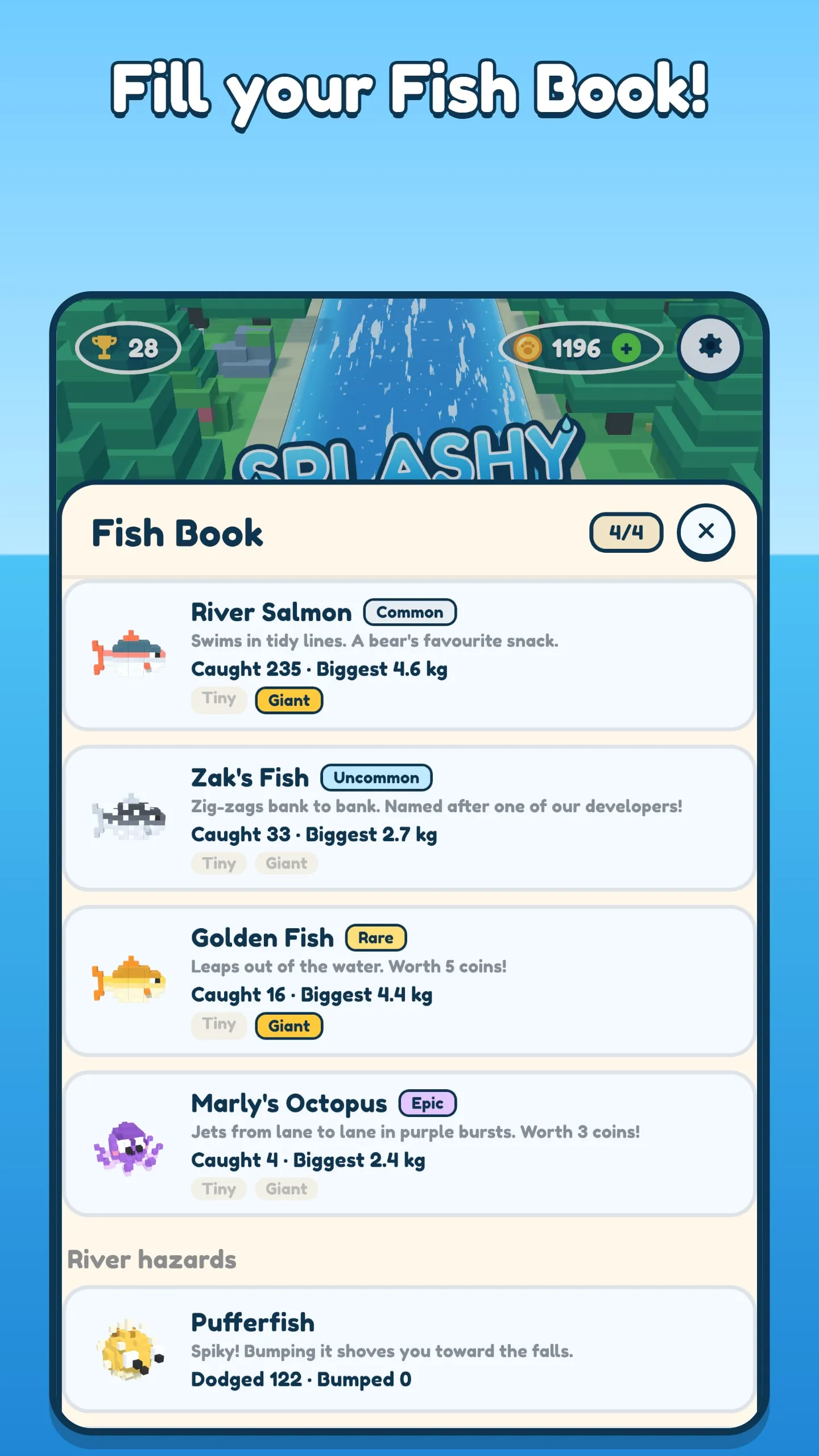 The Fish Book, listing River Salmon, Zak's Fish, Golden Fish and Marly's Octopus with catch counts and biggest catches.