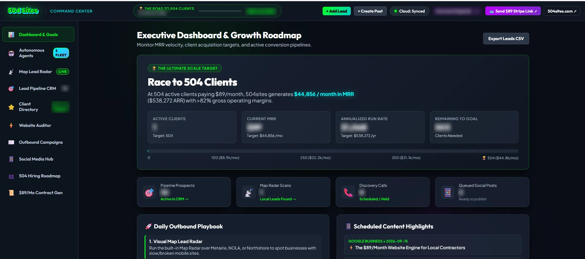 The 504 Sites Command Center dashboard, with a growth tracker toward 504 clients and a sidebar of modules including Map Lead Radar, Lead Pipeline CRM, Website Auditor and Outbound Campaigns. Business figures are blurred.
